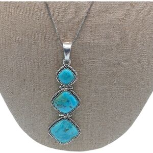 Vintage Three Stone Diamond Shaped Necklace 925 Sterling Silver Turquoise
